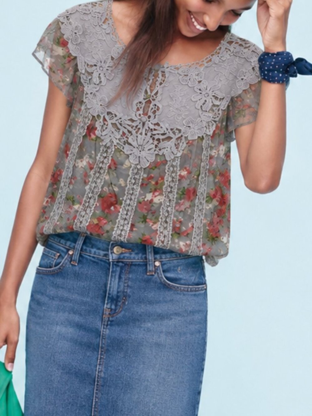 Silk Cotton Rose Printed Lace Top (1186)